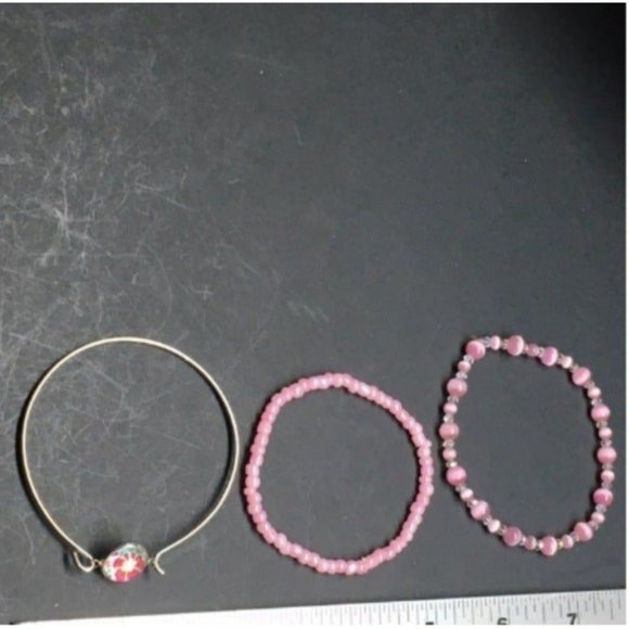 Bracelet Lot Of Three Barbie Pink Flower Silver Hook Moonstone Seed Bead Retro - Picture 4 of 4